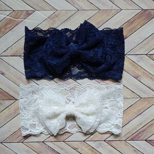 Lace Bowknot Navy Blue White Baby Girl Headbands Elastic Bow Headwrap Hairbands